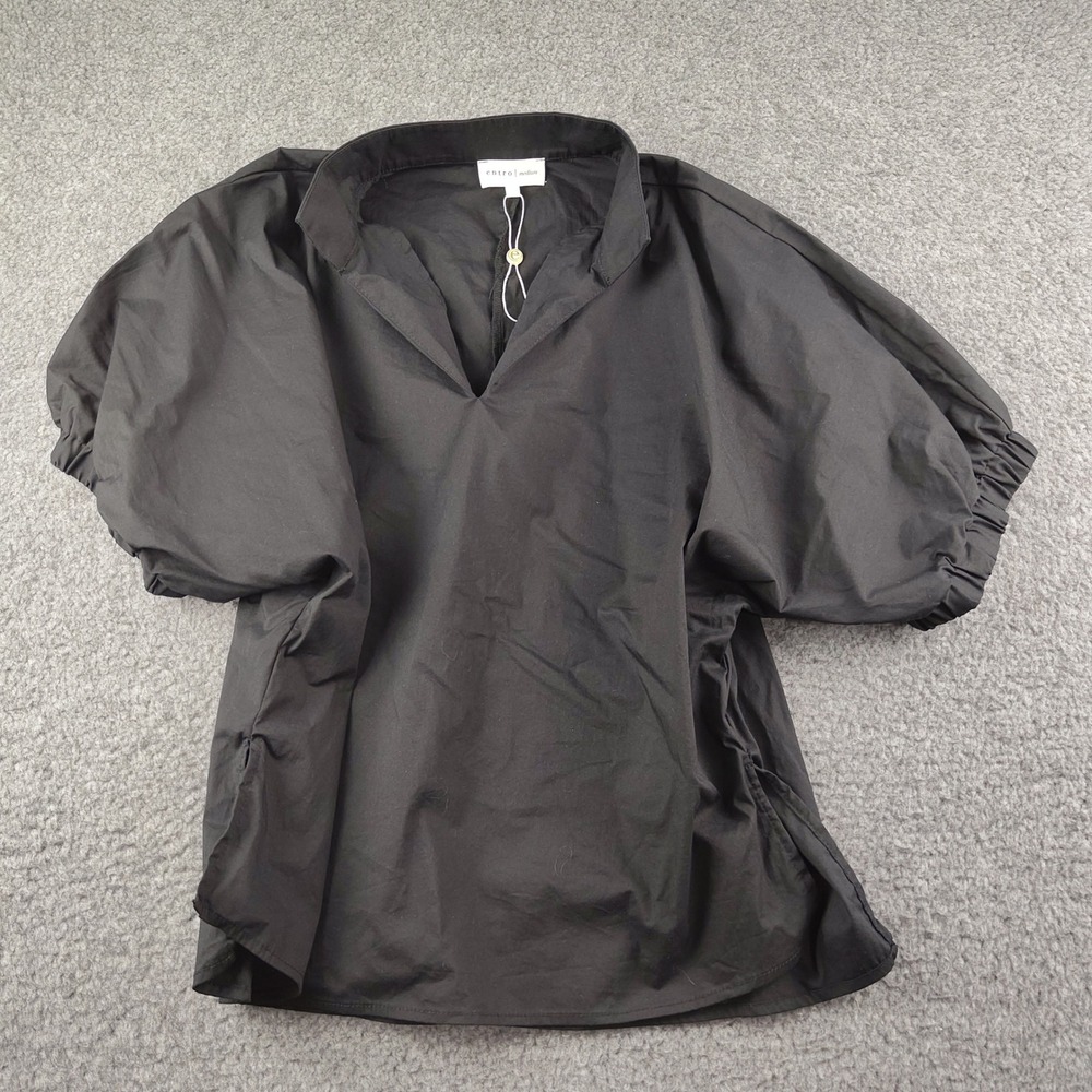 Entro Top Sz Medium V-Neck Puff Sleeve Black Cotton Blend Preppy Travel EUC